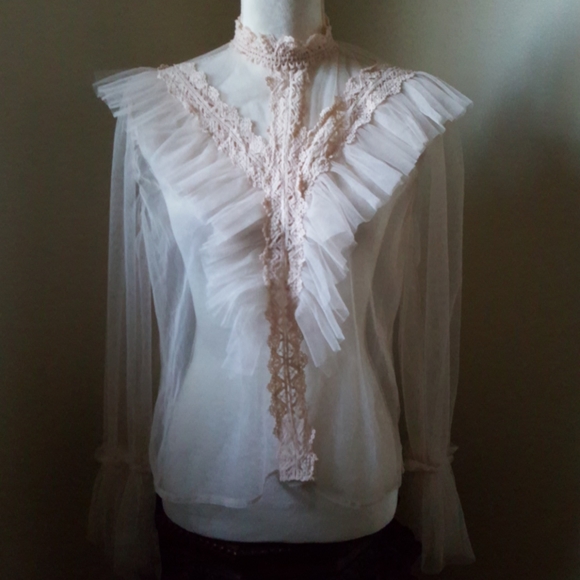 L.I.F.E. Tops - L.I.F.E. Victorian Lace Trimmed Ruffle Mesh Blouse
